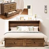 AMERLIFE Full Murphy Bed with Storage &amp; Charging Station | Barnwood Wood Murphy Cabinet, Farmhouse Foldable Platform Bed, Large Drawer, Noisy Free, Guest Bedroom &amp; Living Room