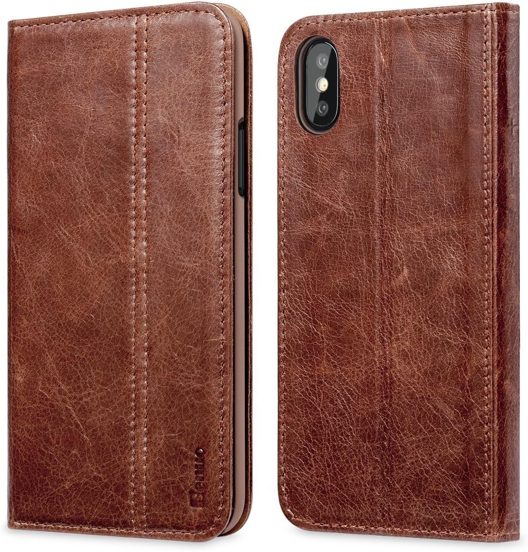 iPhone X Case, Benuo [Vintage Book Series] [Card Holder] Genuine Leather Case [Ultra Soft], Protective Folio Case Flip Cover with Stand for Apple iPhone X 2017