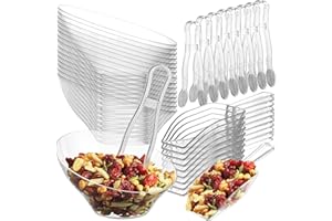 6 oz Clear Plastic Dessert Bowls (16 Pcs) with (8) Scoops and (8) Tongs, Angled Hard Disposable Ice Cream Bar Cups and Candy 