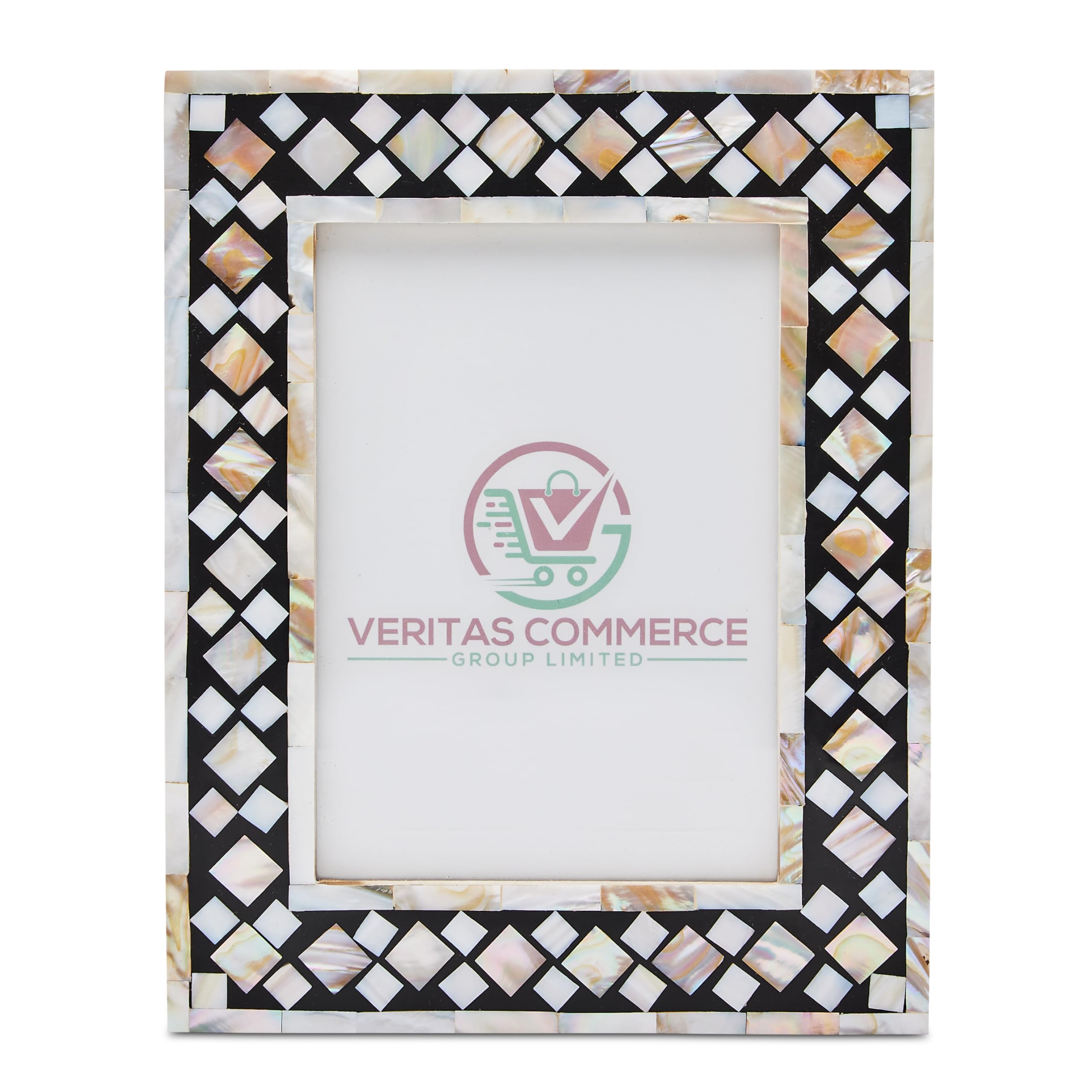 Veritas Commerce Group Handcrafted Mother of Pearl Photo Frame 7 x 5 | Black & White Photo Frame | Handmade Wooden Picture Frame Diamond Design | Vintage Decor |