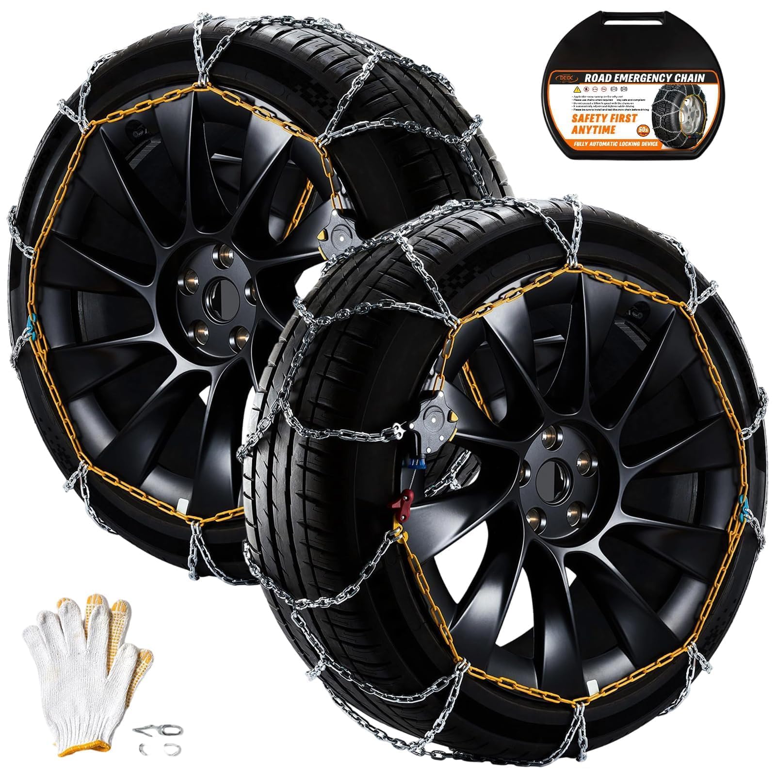 Photo 1 of DEDC Tire Chains Snow Chains for SUV Car Sedan Light Truck 1 Min Quick Fit Easy Chainsaw Reusable Universal Emergency Traction Chain Tire Width 235 245 255 265 275 285 - Set of 2 MS1619