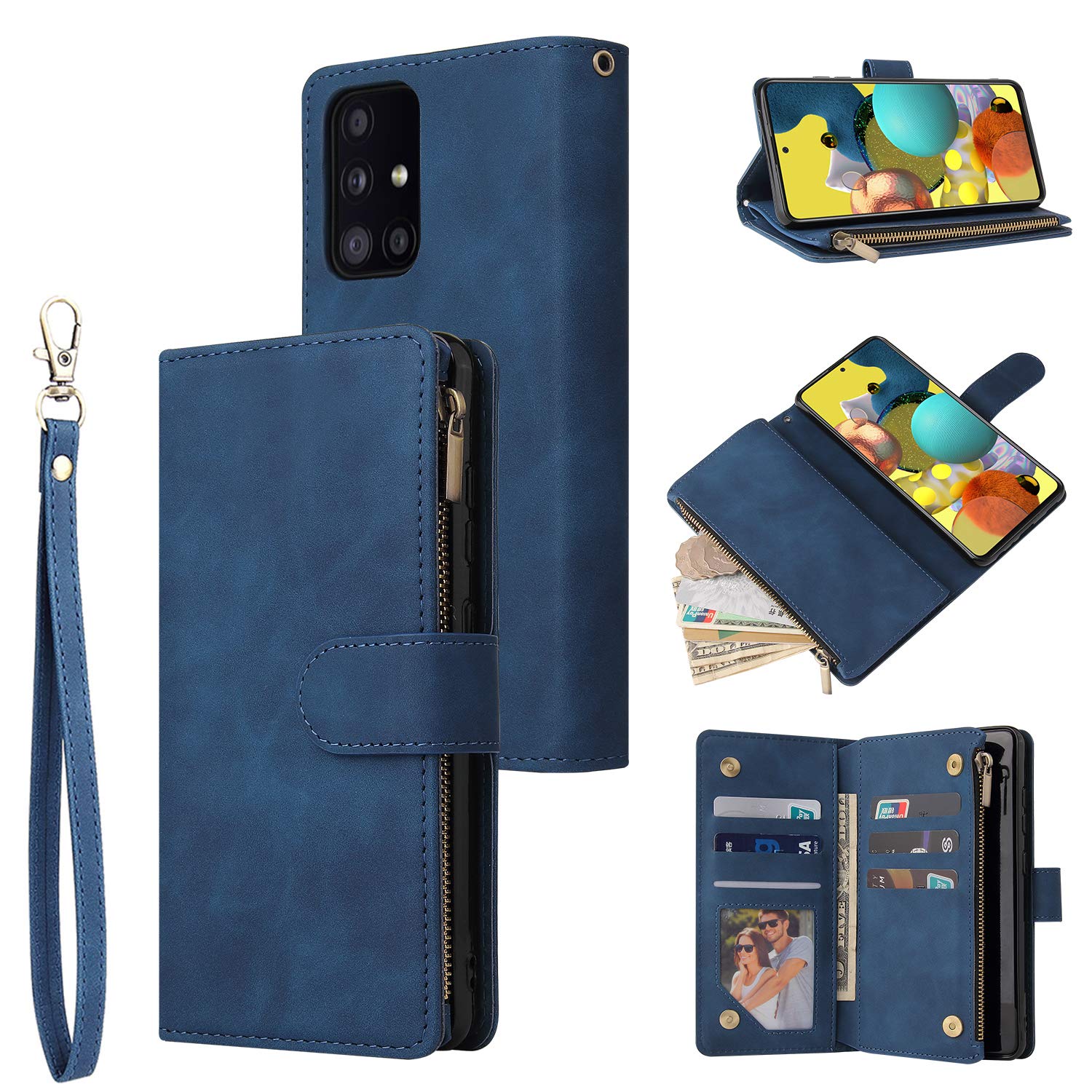 UEEBAI Wallet Case for Samsung Galaxy A41, Premium Vintage PU Leather Magnetic Closure Handbag Zipper Pocket Case Kickstand Card Holder Slots with Wrist Strap TPU Shockproof Flip Cover - Blue
