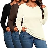 Evervibe 3 Pack Women's Plus Size Cotton Shirts, Scoop Neck Long Sleeve Casual Tops Form Fitting Knitted T-Shirts Blouses