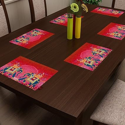 SEJ by Nisha Gupta Cotton Abstract HD Digital Table Mats,12x18-Inches(Orange)- Set of 6