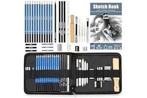 KALOUR Sketching Pencil Set(34 Pack) - Includes Sketchbook - Zippered Travel Case - Sketch Pencil,Charcoal Pencil,Blending Pa