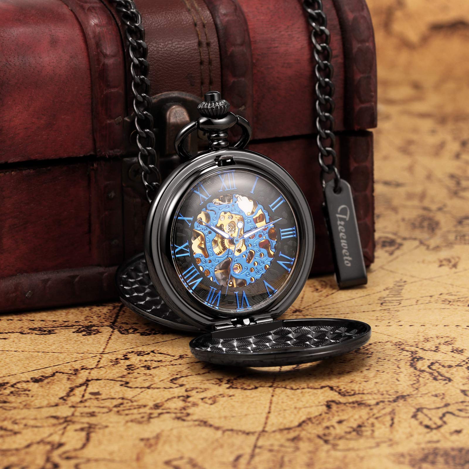 TREEWETO Mechanical Personalized Engraved Pocket Watch Skeleton Double Cover Roman Numerals Dial Personalized Gift with Box and Chain for Men Gift for Dad Son