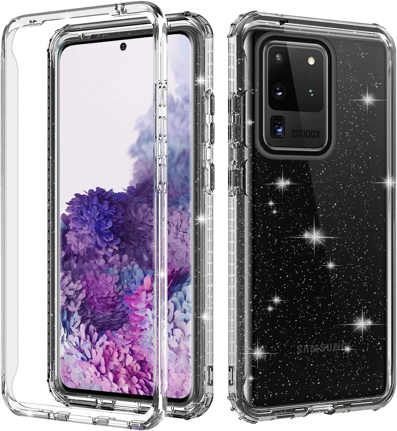 PLESON Samsung Galaxy S20 Ultra 5G Case, Dual Layer Galaxy S20 Ultra Glitter Case with Slim Bumper & Clear Sparkle Hard Back Shockproof Protective S20 Ultra Phone Case for Samsung S20 Ultra Case 6.9"