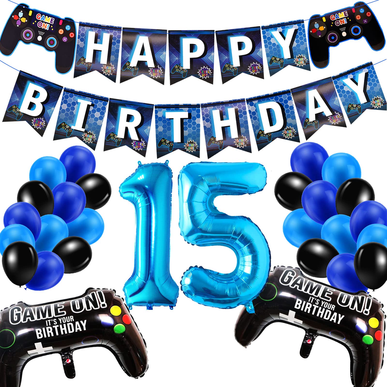 15th Birthday Decorations for Boys, Gaming Party Decorations Set for Gamers, Happy Birthday Banner Game Controller Balloons Black Blue Balloons for Kids Party Supplies