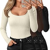 Huukeay 3 Pack Women's Long Sleeve Shirts, Ribbed Scoop Neck Thermal Undershirts Basic Casual Underscrubs Slim Fit Tops