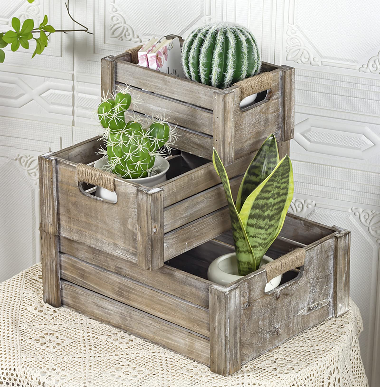 Photo 1 of TIMRIS Set of 3 Rustic Wood Nesting Crates, Farmhouse Wooden Storage Container Boxes with Cutout Handles, Decorative Wooden Baskets for Display (Rustic Gray)
