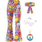 BesserBay Girls Halloween 4 Pcs Floral Print Hippie High Waist Flared Pants with Pockets Headband Sunglasses 4-14 Years