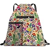 AYBELWG Drawstring Backpack Sports Gym Bag, Large String Swim Bag for Beach With Water Bottle Mesh Pocket, Cute Gym Sack with Zipper Pocket for Men Women Cute Pink Floral