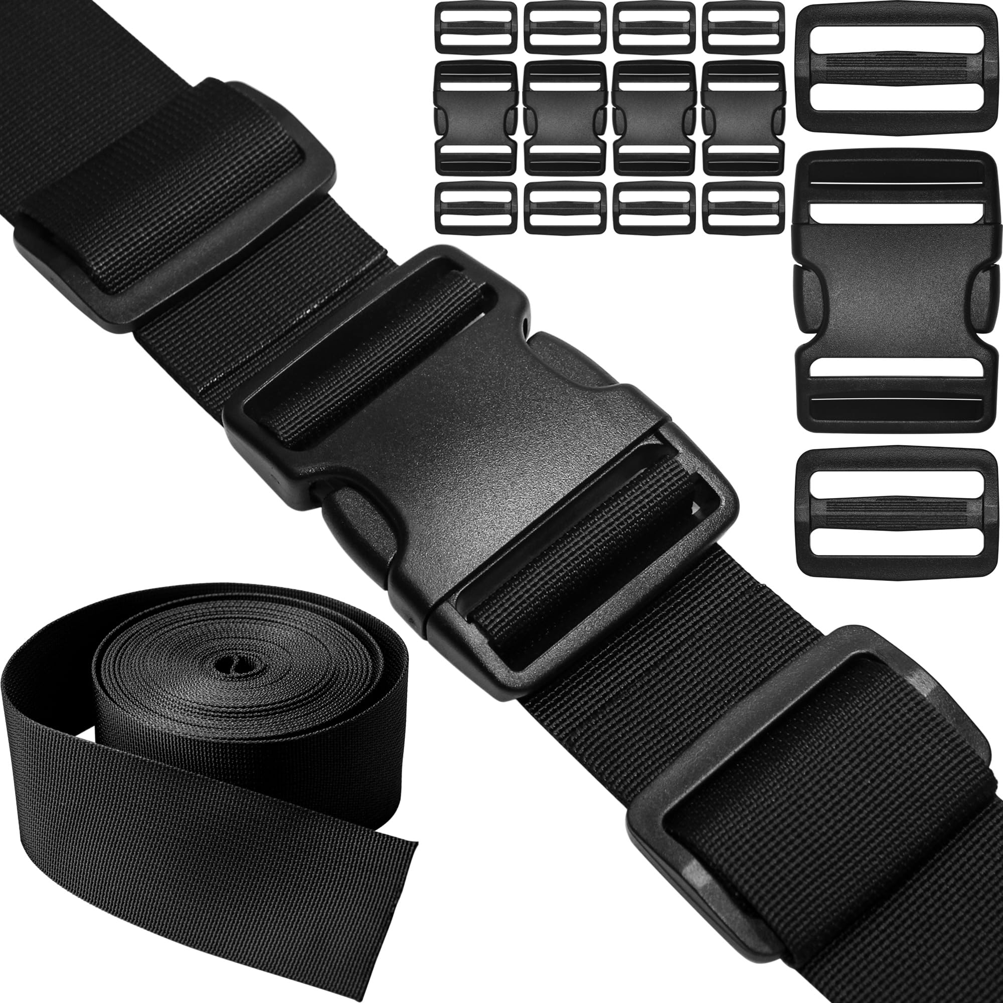 2 inch Straps Buckles Set: Nylon Webbing Strap 6 yard, Side Release Plastic Buckle 5 pack, Tri-glide Slide Clip 10 pcs, Heavy Duty Quick Snap Fasteners Dual Adjustable No Sewing Required