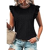 Dokotoo Womens Summer Knit Tops 2025 Hollow Out Crewneck Cute Ruffle Short Sleeve Womens T Shirts Blouses
