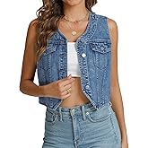 Kedera Women's V Neck Denim Vest Asymmetrical Hem Sleeveless Button Front Jean Vests Crop Tops with Pockets