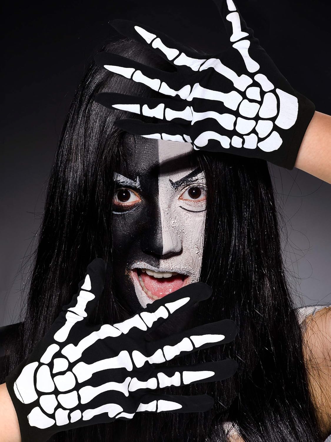 2 Pairs Halloween Skeleton Gloves Long Short Skull Claw Ghost Bone Gloves for Halloween Cosplay Party Props at  Women’s Clothing store