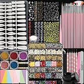 Nail Art Kit Nail Design Tools Kit Nail Art Brushes Set with Nail Stickers Nail Gems Almond Tips Nail Long Coffin False Nail Tips Nail Charms Dotting Tools Chrome Powder Nail Supplies for Beginners