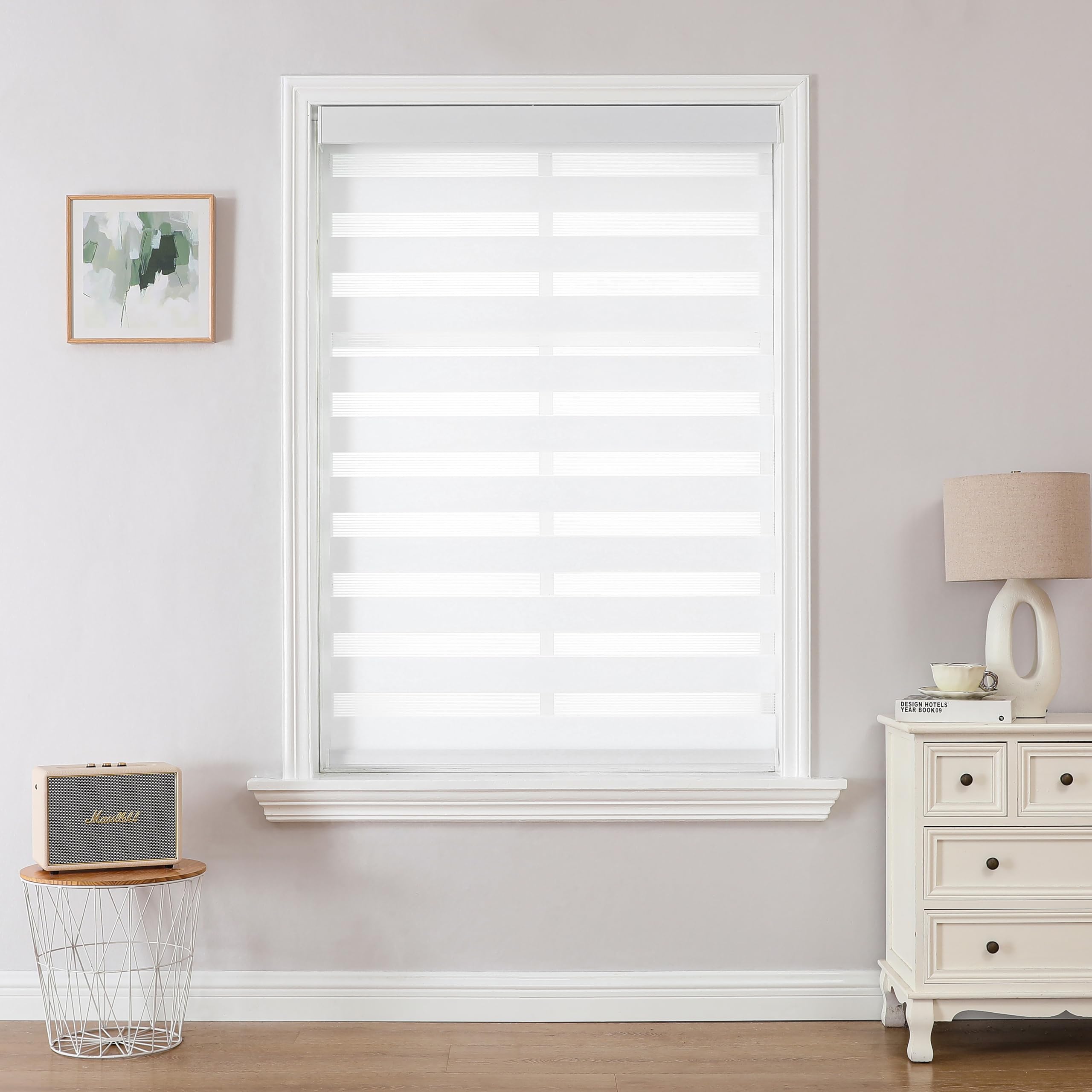 Photo 1 of **DIRT. SCRAPES**Joydeco Cordless Zebra Blinds (Pro), Dual Layer Light Control Zebra Blinds for Windows, Light-Proof Aluminum Cover, Free-Stop Roller Shades for Home & Office (White, 71" W x 96" H)