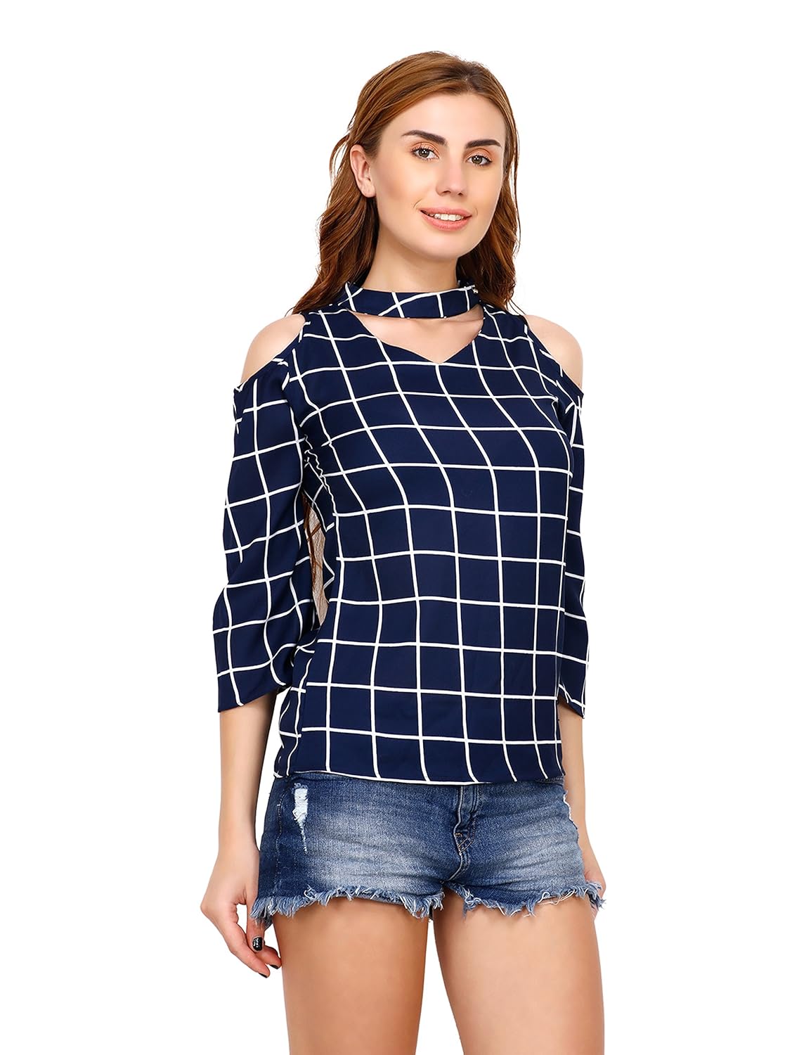 acanthus windowpane asymmetric neck cold shoulder top for womens