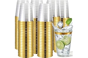 Tebery 100 Pack 12 Oz Gold Plastic Cups, Heavy Duty Clear Wedding Party Tumblers, Reusable BPA-Free Wine Cup with Gold Rim, C