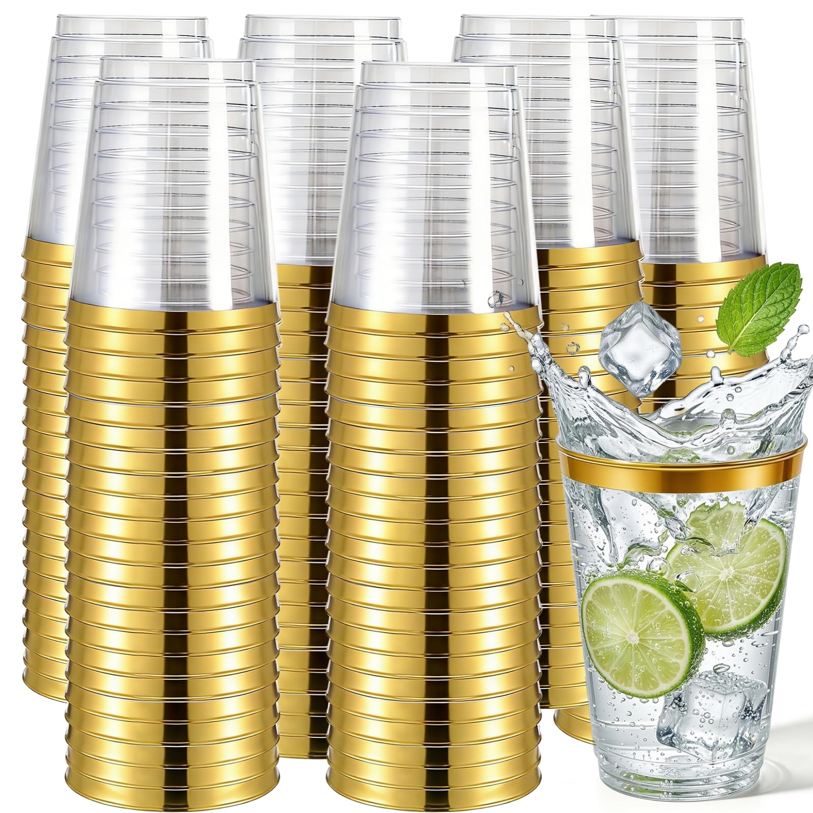 Tebery 100 Pack 12oz Gold Rimmed Plastic Cups, Clear Crystal Plastic Tumblers, Reusable Shot Glasses, Elegant Party Cups