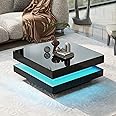 LED Coffee Table for Living Room, 2-Tier Modern Square Middle Center Table, Unique High Gloss Coffee Table with 16-Color Plug-in LED Light, Cocktail Tea Table for Home Office Reception Room,Black