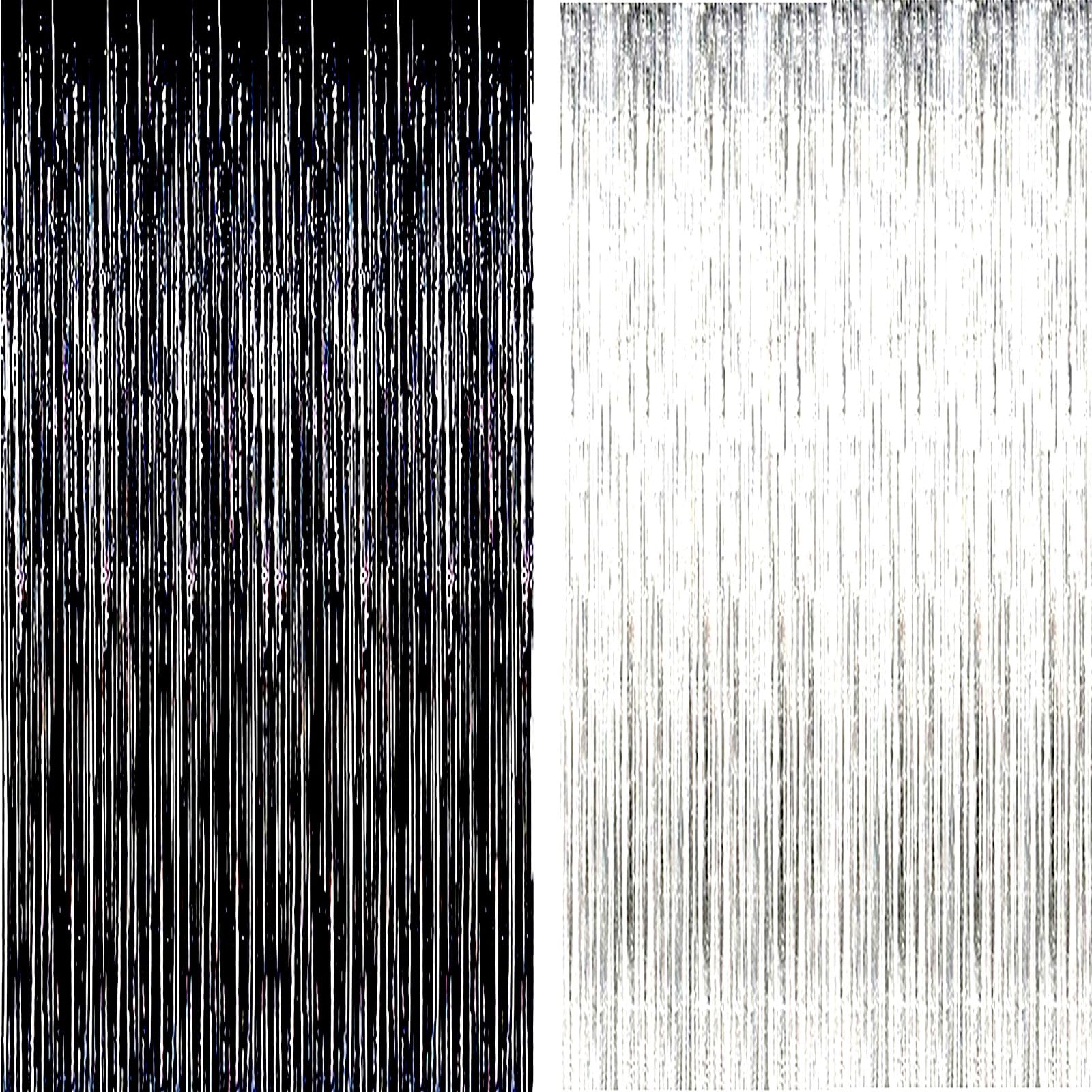 AILEXI 2 Pack 3ft*8ft Party Supplies Foil Fringe Shimmer Curtains, Door Window Decorations Streamers or Wall Backdrop Tinsels - Black Silver