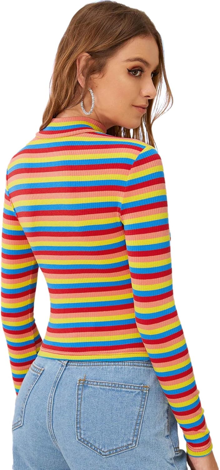 Floerns Women's High Neck Long Sleeve Slim Fit Stretch Striped T-Shirts at  Women’s Clothing store
