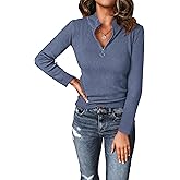 PRETTYGARDEN Spring Quarter Zip Pullover Sweaters for Women 2026 Long Sleeve Collared Fitted Ribbed Knit Tops