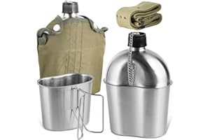 Afranti Stainless Steel Military Canteen 1QT Portable Army Water Bottle with 0.5QT Cup & Nylon Cover Waist Belt Sleeves for Hiking Camping Climbing and Most Outdoor Activities