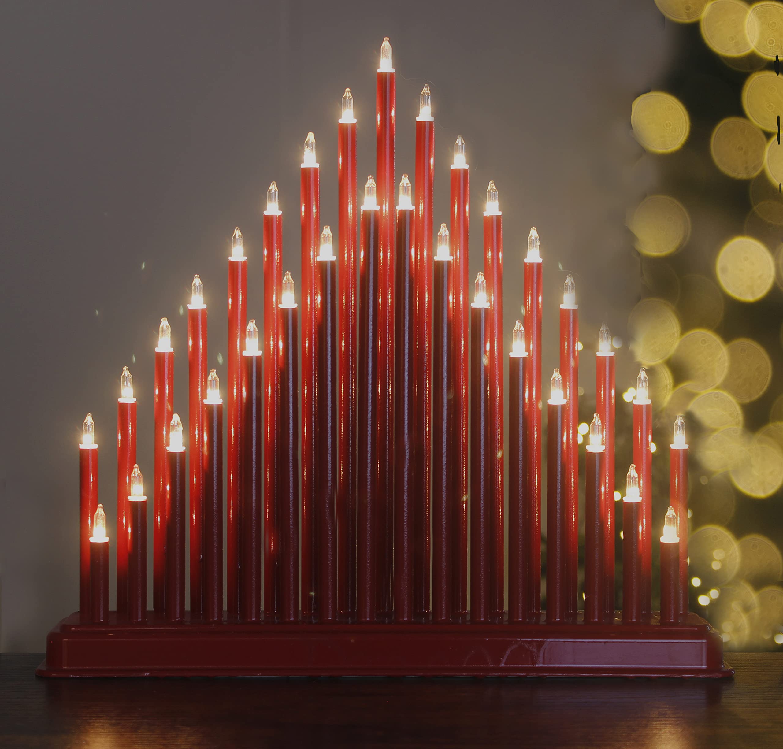 Marco Paul Red Christmas Candle Bridge - 33 Warm White LED Lights Battery Operated Faux Candles with Timer - Flameless Candle Arch for Window Christmas Lights, Home Decoration, Xmas Centrepiece