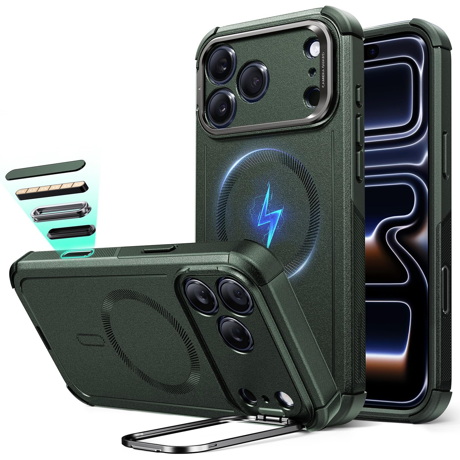 Photo 1 of ESR for iPhone 17 Pro Max Case with Stash Stand, 7X Military-Grade Drop Protection with Camera Control, Shock-Absorbing Phone Rugged Cover, Compatible with MagSafe Accessories, Cyber Series, Green