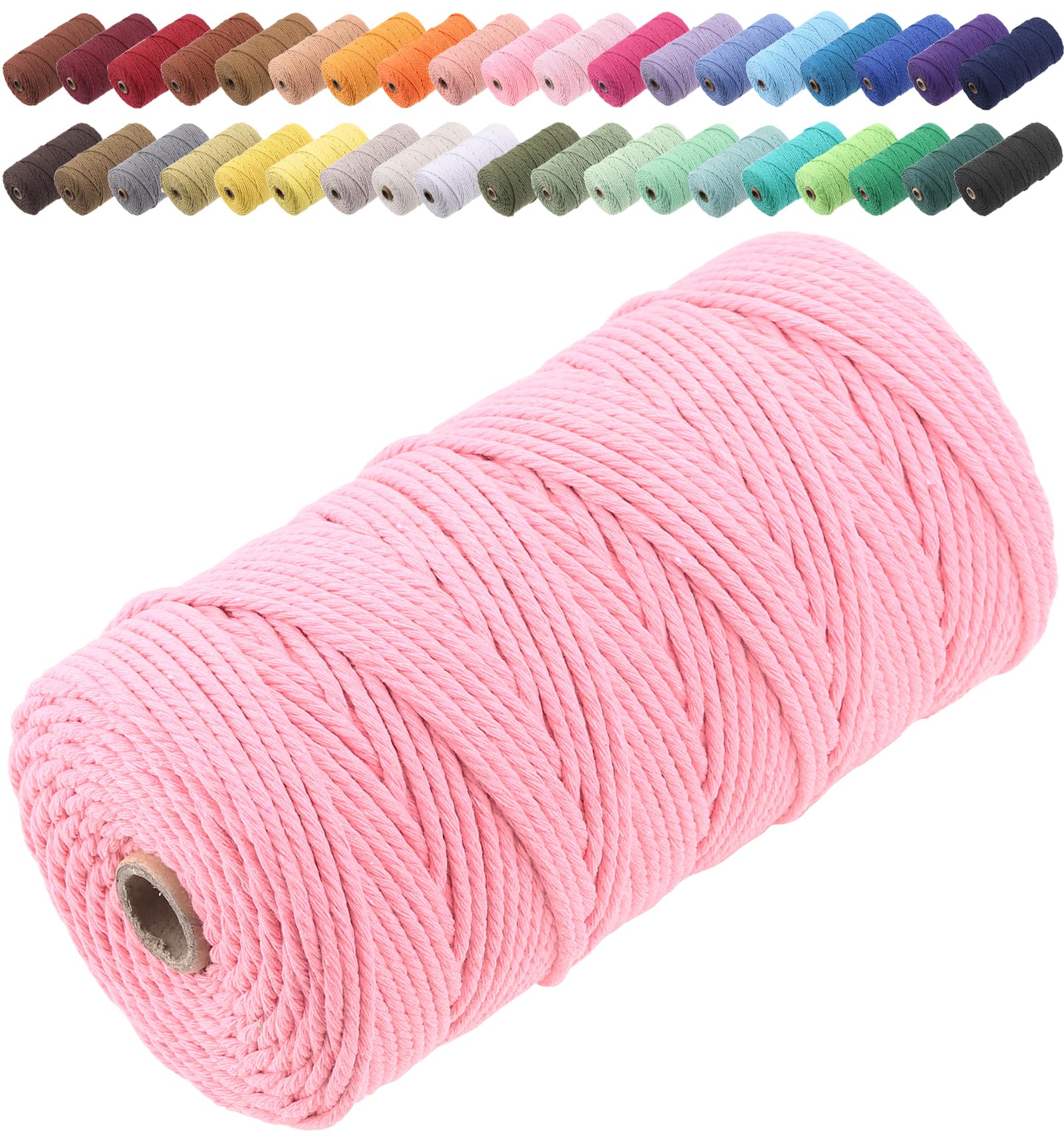 GOHOF Macrame Cord 3mm x 150m Premium Cotton Macrame Rope, 4 Strand Twisted Soft Cotton Cord, One of The Most Perfect Materials for Macrame Art, Cotton String Without Chemicals (Pink)