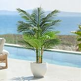 Keeplush 4ft Tall Triple Golden Cane Palm Artificial Tree Large Tropical Palm Tree UV Resistant Fake Plant in Pot for Indoor