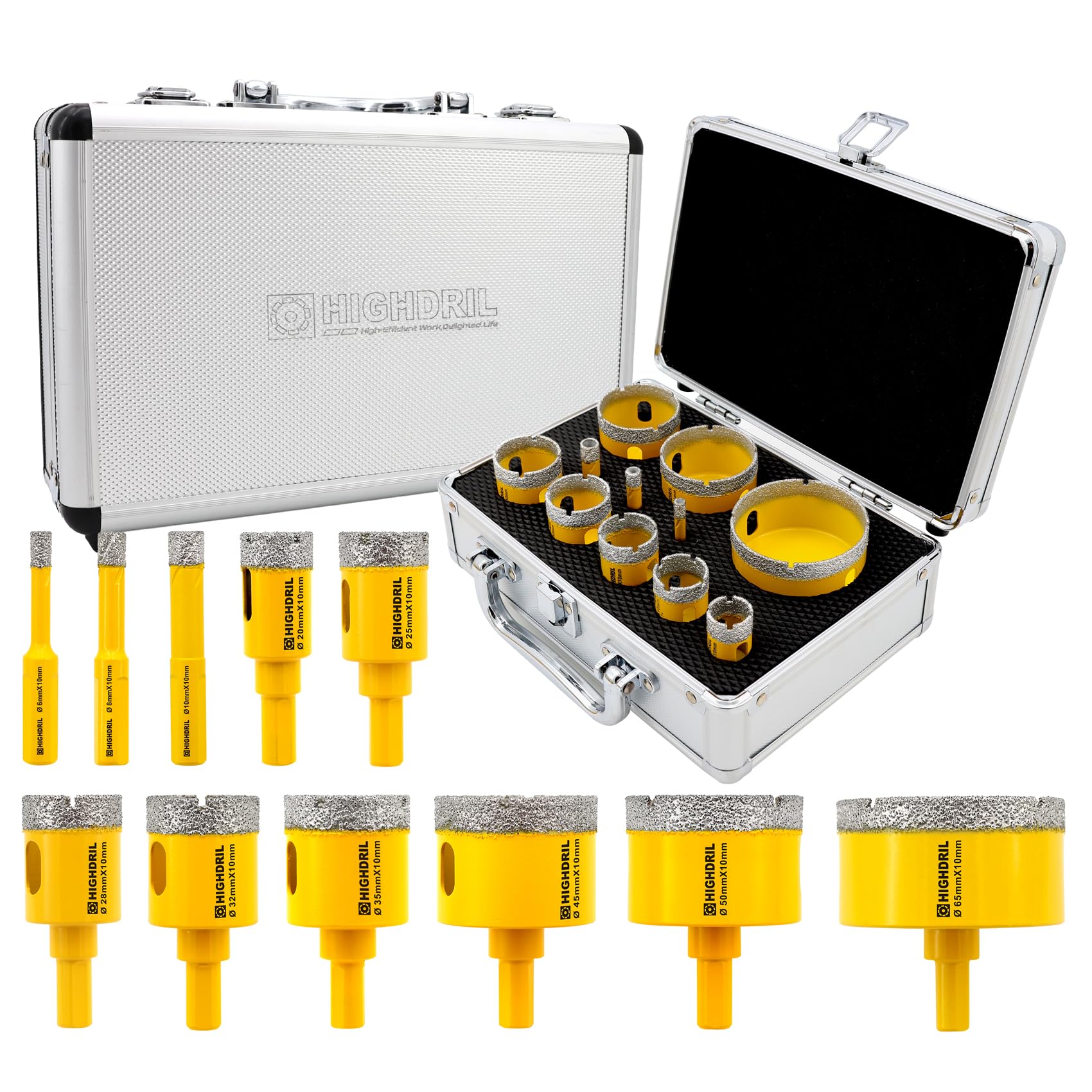 HIGHDRIL Diamond Hole Saw Kit - 6/8/10/20/25/28/32/35/45/50/65mm Drill Bits,11Pcs Diamond Core Drill Bit Set for Porcelain Ceramic Tile Granite Marble — image 1