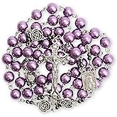 Nazareth Store Pearl Beads Rosary Metal Mystery Roses with Hematite stones, Catholic Rosary Necklace Our Rose Lourdes Medal & Cross Crucifix