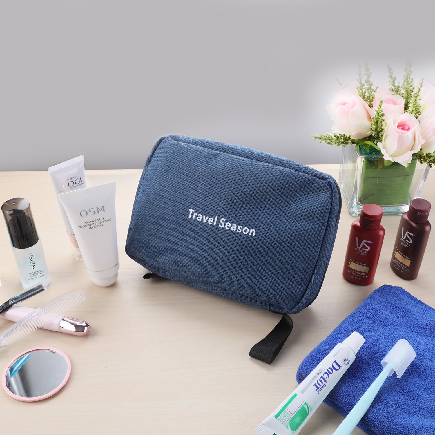 Vivefox Hanging Toiletry Bag Travel Kit Bathroom Bag Cosmetic Makeup Organizer Shaving Kit for Men & Women (3-Layer, Navy blue)