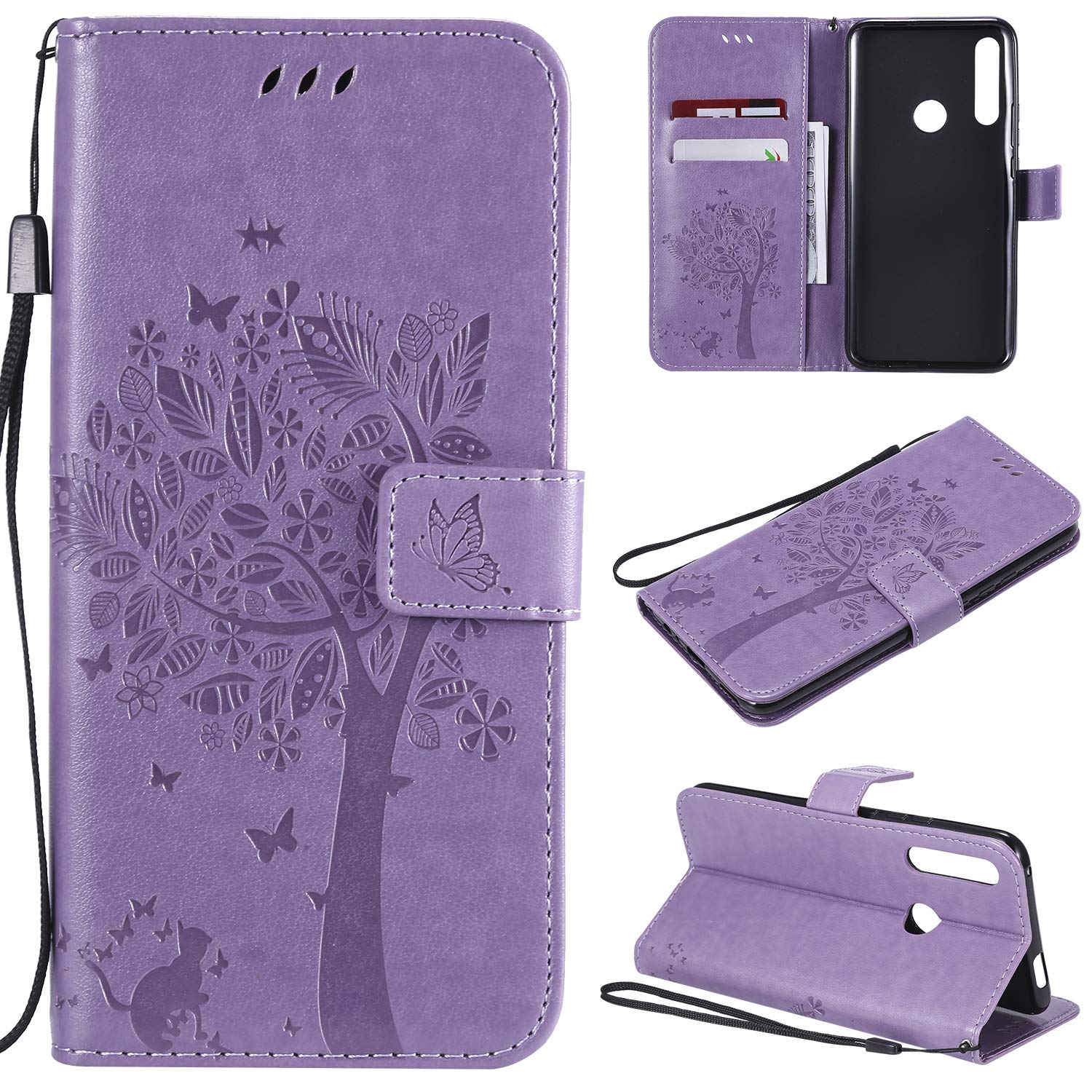 Zchen Huawei P Smart Z Case, PU Leather Wallet Phone Case Flip Book Design Anti-Scratch Shockproof Protective Cover for Huawei P Smart Z/Y9 Prime 2019 (Cat Tree-Purple)