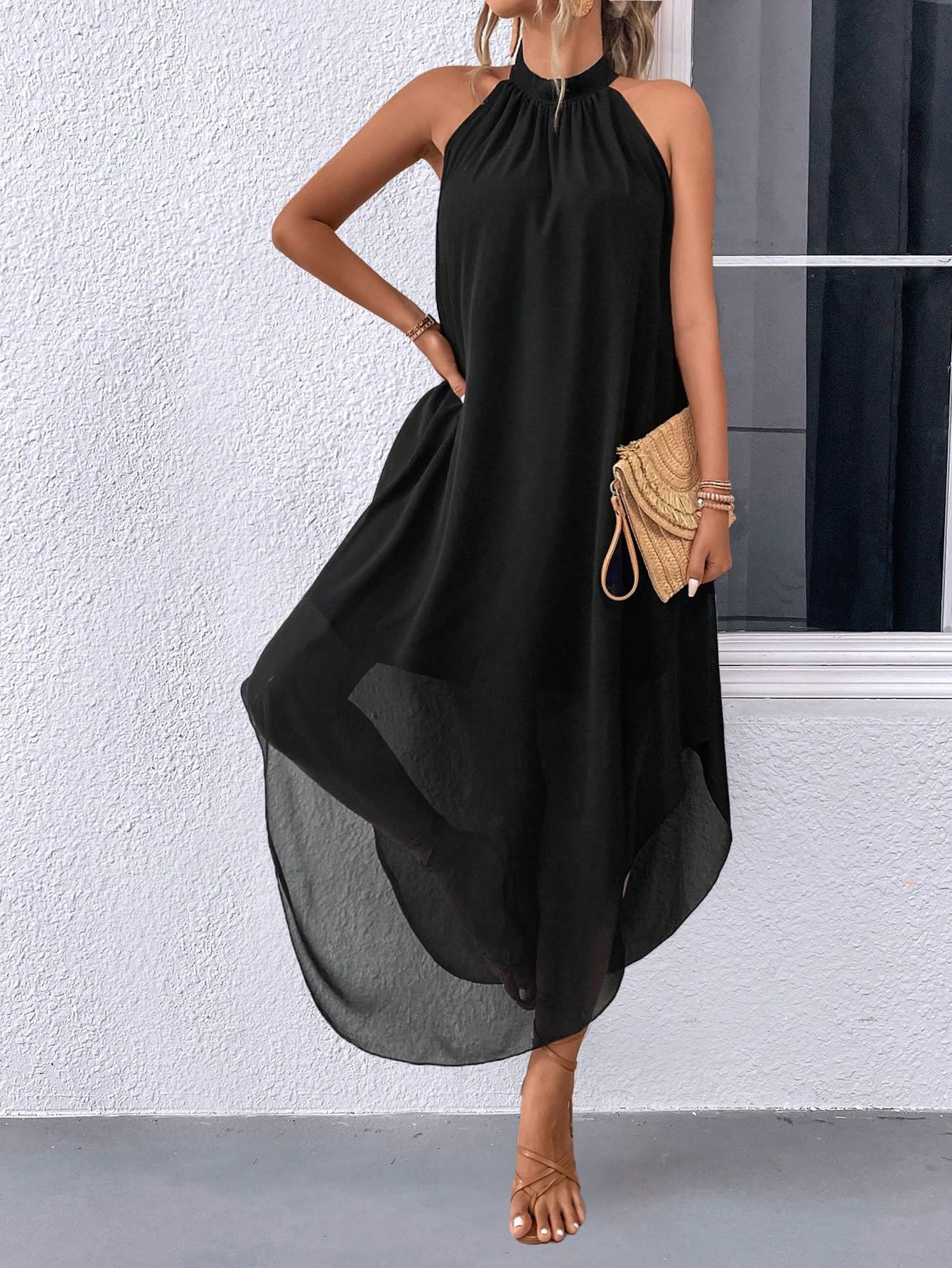 Verdusa Women's Fall Formal Wedding Guest Dress Halter Flowy Sleeveless Asymmetrical Boho Maxi Dress