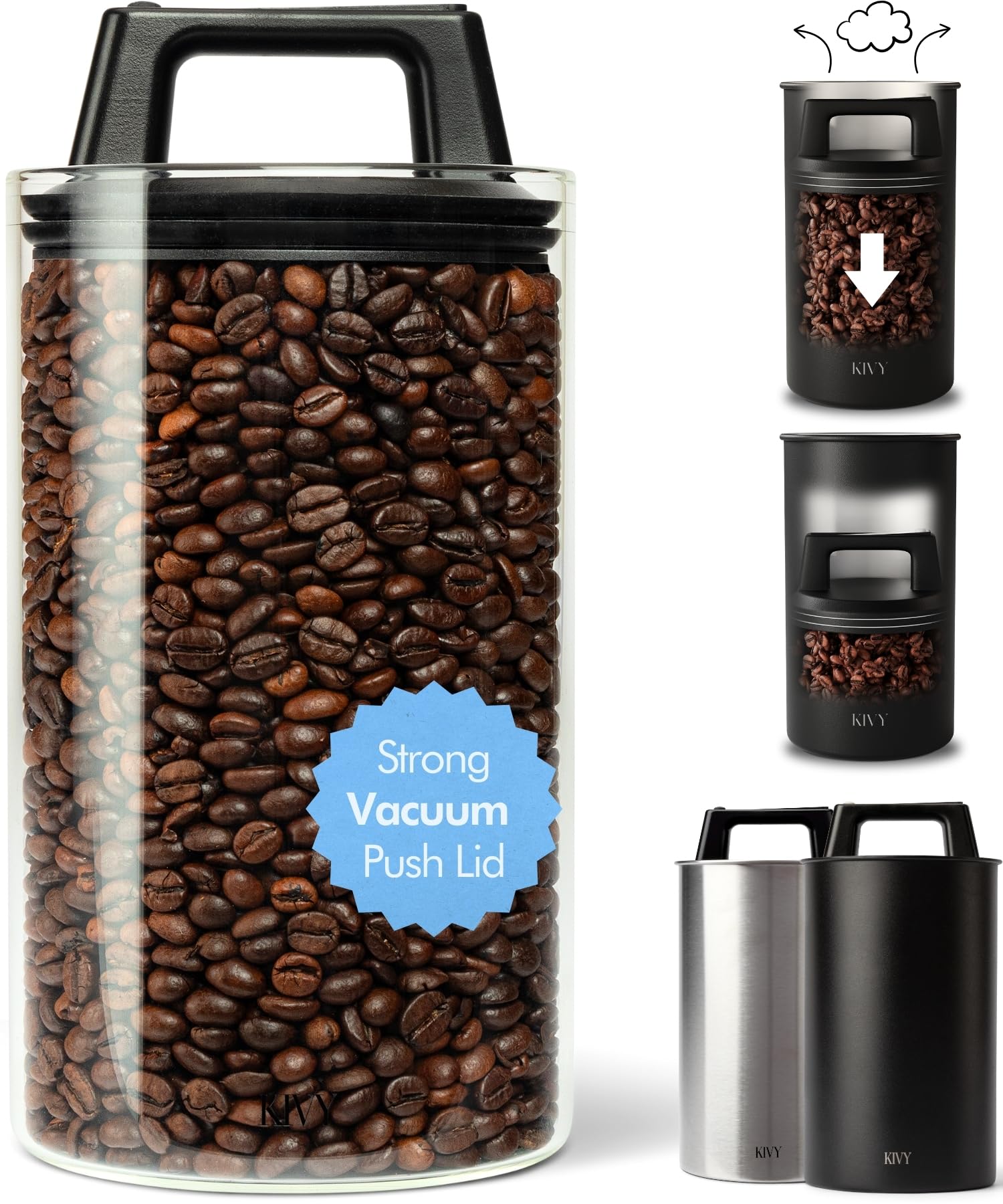 Photo 1 of KIVY Vacuum Seal Coffee Canister [AIRTIGHT] - Coffee Canister with Airtight Lid - Airtight Coffee Jar - Air Tight Coffee Container - Vacuum Storage (Glass)