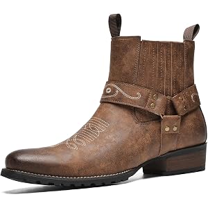 Fortis Tread Cowboy Boots for Men, Western Ankle Boots with Retro Harness | Slip-On Design, Elastic Side Panels, Square Toe,