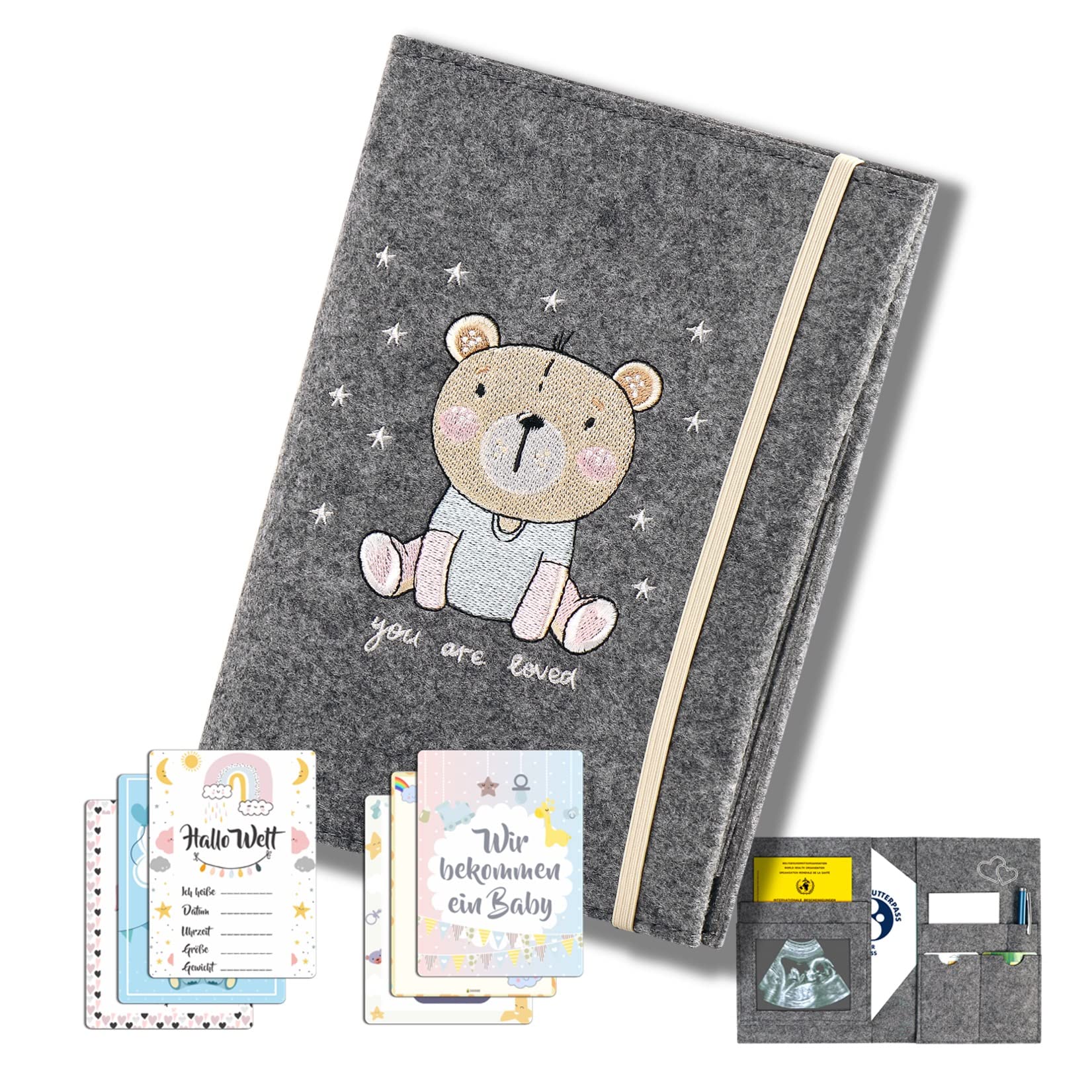 CAVOADO® Maternity Log Cover Felt with 6 Milestone Cards & Pregnancy Hacklist, Organiser for Vaccination, Ultrasound Pictures, Insurance Card, Maternity Log, gray, Pregnancy support