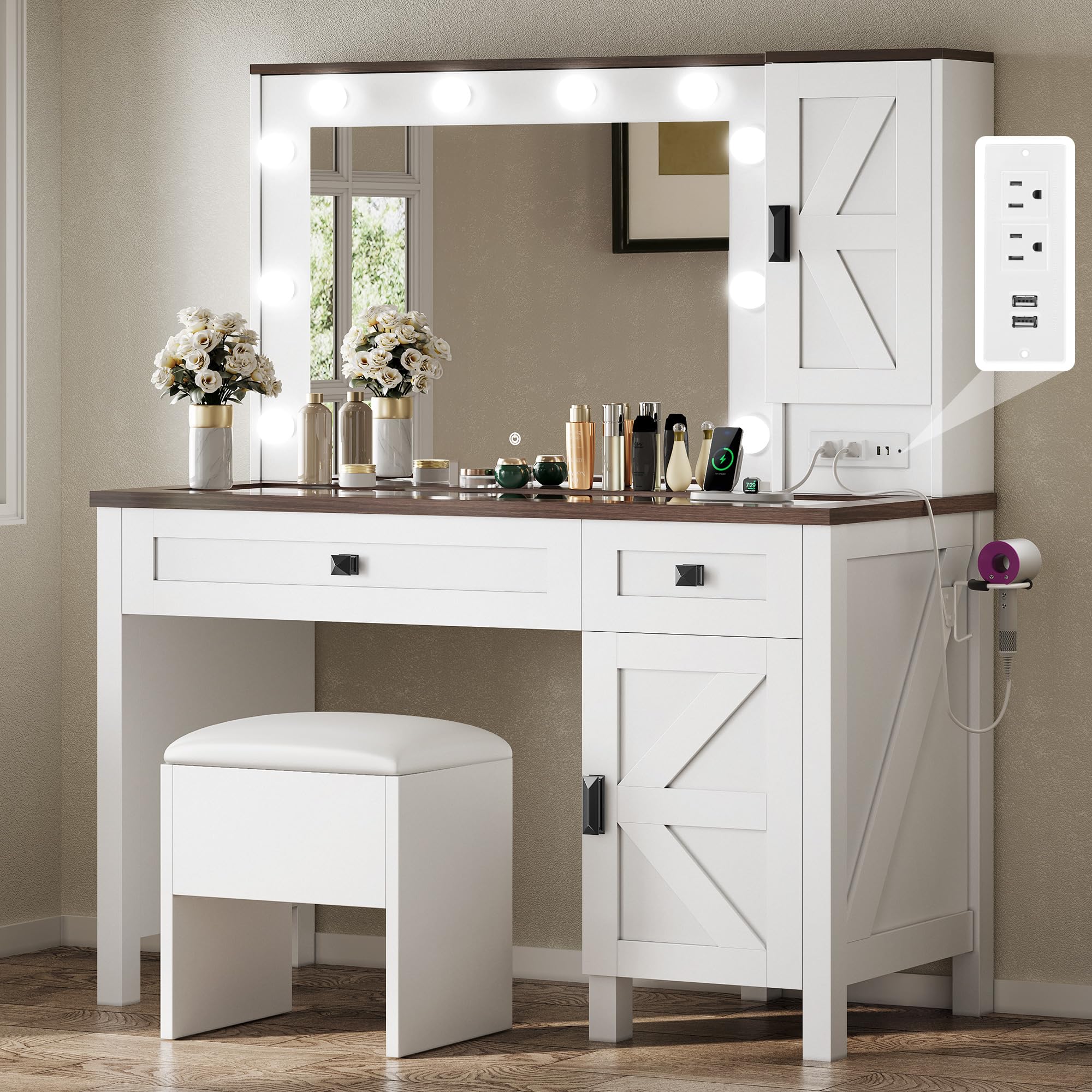 Photo 1 of ** USED ** YITAHOME Makeup Vanity Desk with Mirror and Lights, Farmhouse Vanity Table with Charging Station, 42'' Dressing Table with 2 Drawers & 6 Cabinets, 3 Color Lighting Modes, for Bedroom, White
