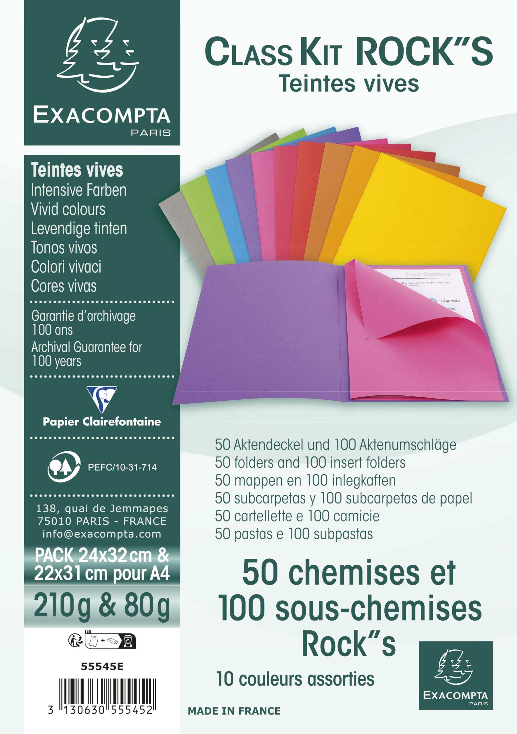 Exacompta - Ref 55545E - Rocks Collection - Square Cut Folders - 240 x 320mm in Size, Suitable for A4 Documents, 220gsm & 80gsm Material - Assorted Colours (Pack of 150)