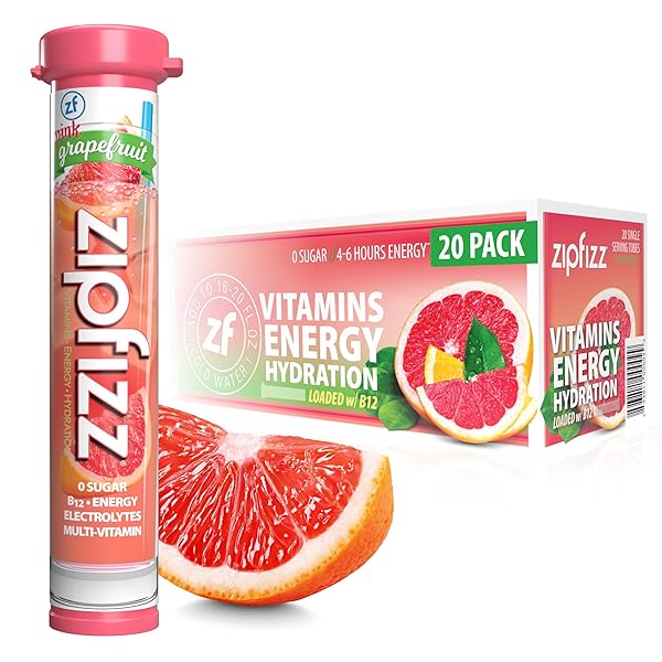 ZIPFIZZ DAILY ENERGY DRINK POWDER, PINK GRAPEFRUIT, 20 PACK | 3-IN-1 SUSTAINED ENERGY, RAPID HYDRATION, AND ESSENTIAL VITAMINS | SUGAR-FREE | ELECTROLYTE POWDER | CONTAINS VITAMIN B-12 & ANTIOXIDANTS