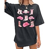 Cowgirl Pink Boots Shirt Women Oversized Cowgirl Country Music Shirts Women Western Shirts Cowboy Tee Tops
