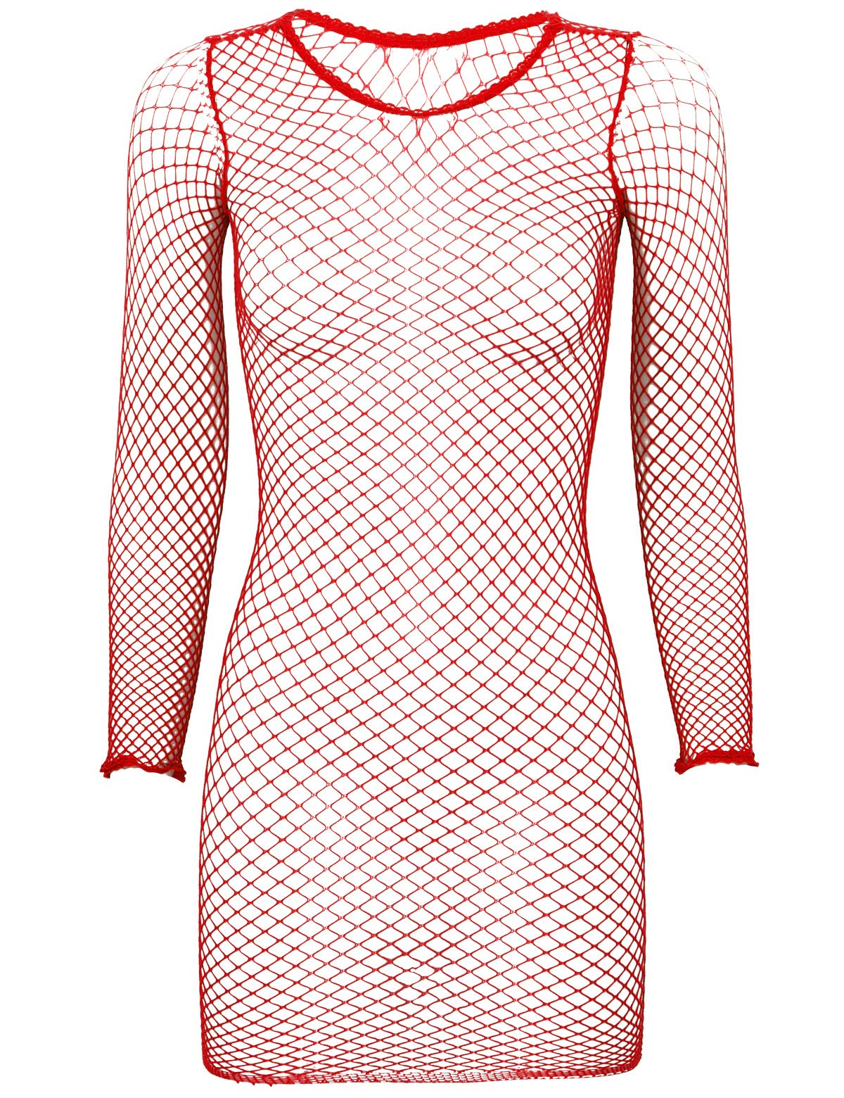 FEESHOW Womens Sexy See-Through Fishnet Babydoll Shirt Dress Lingeries Netted Dresses Clubwear 2# Red One Size