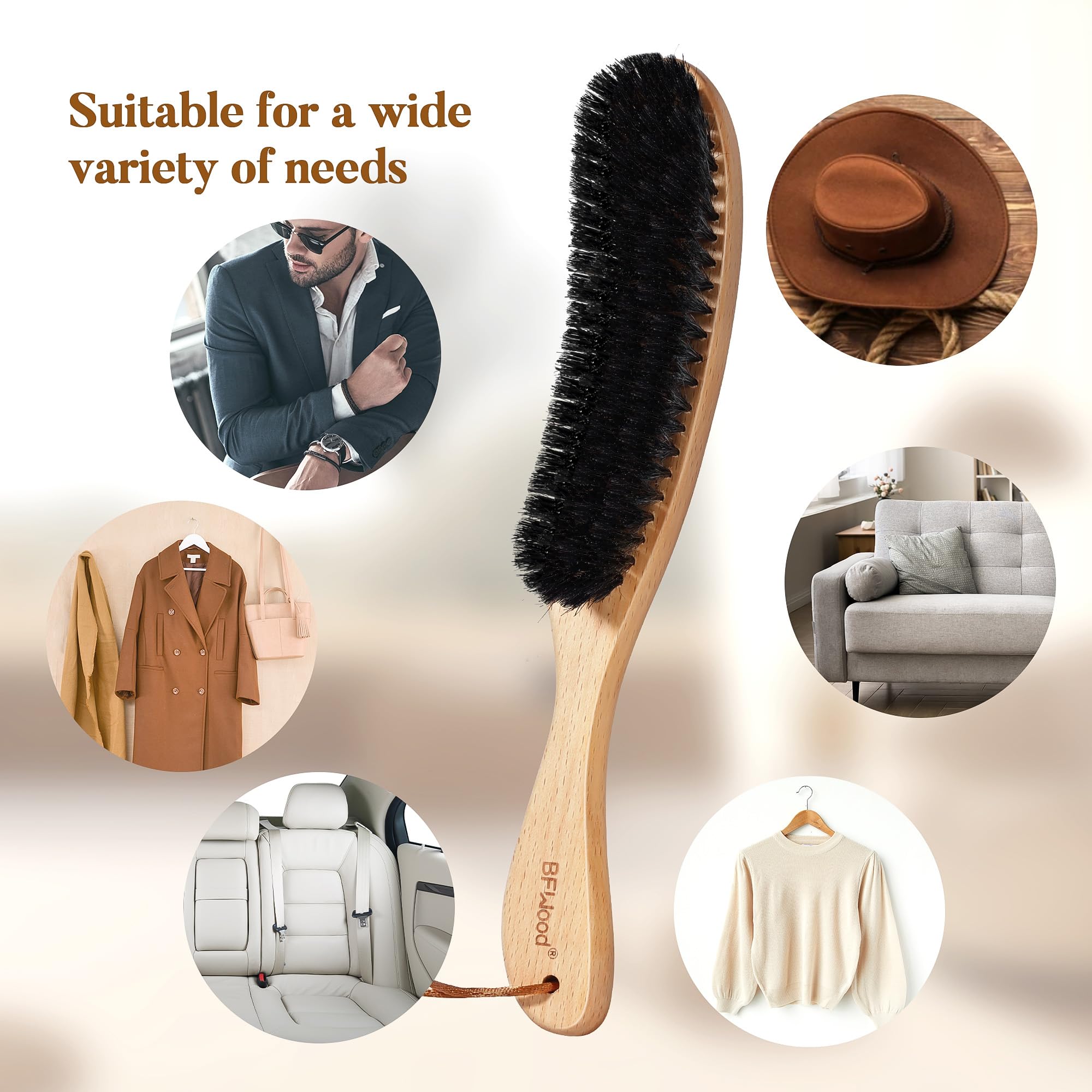 BFWood Clothes Brush - Boar Bristle Hat Brush Lint Brush for Suits, Cashmere, Wool, Velvet, Suede and Pet Hair - Large Beech Handle