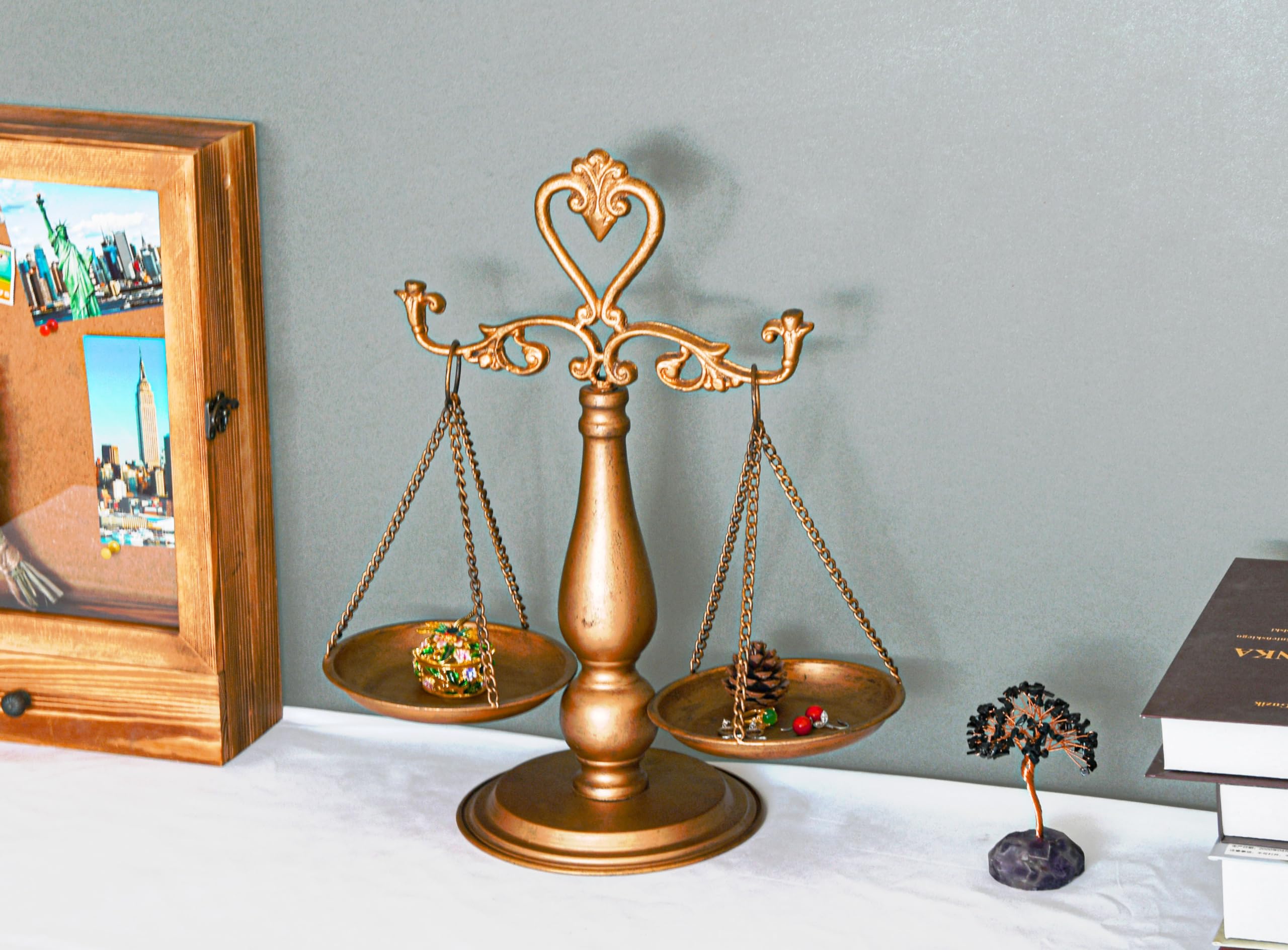 OwlGift Vintage Metal Lawyer Scale of Justice Libra, Decorative Jewelry Storage, Tray Cosmetic Organizer, Farmhouse Candleholder Display, Home Décor Centerpiece Stand – Golden, 15“ W x 17” H