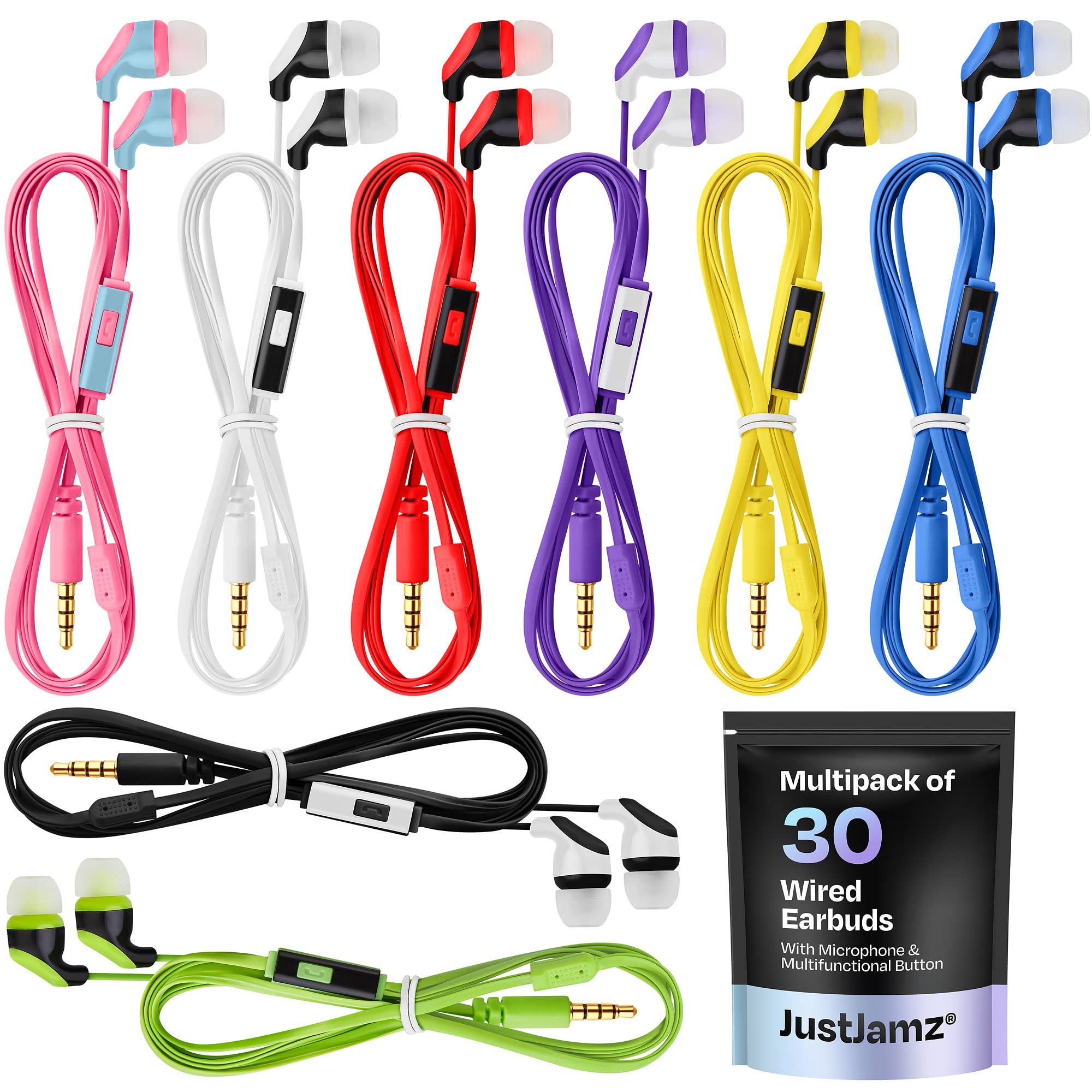 JustJamz 30 earphones pack | earbuds bulk earphones with microphone | for schools, classrooms, libraries and museums | wired headphones with microphone for children, teenagers and adults